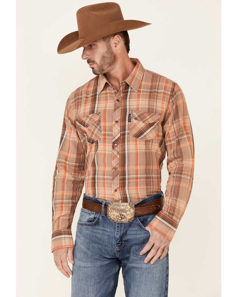 Outback Trading Co. Men's Tan Caleb Plaid Performance Long Sleeve Snap Western Shirt , Tan, hi-res