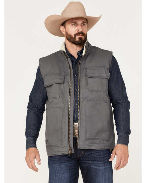 Cowboy Hardware Men's Ranch Canvas Berber Sherpa Lined Vest, Charcoal, hi-res
