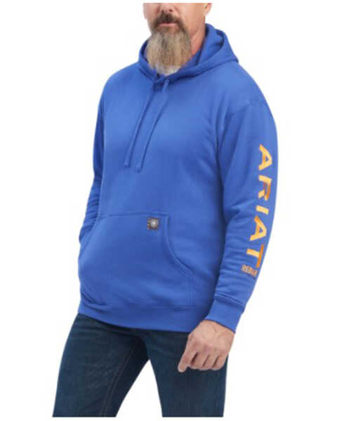 Ariat Men's Rebar Logo Sleeve Graphic Hooded Work Sweatshirt - Big & Tall , Blue, hi-res