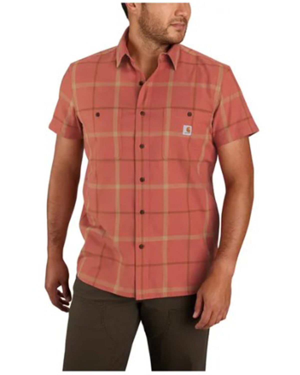 Image #1 - Carhartt Men's Relaxed Fit Lightweight Short Sleeve Button-Down Plaid Work Shirt, Dark Orange, hi-res