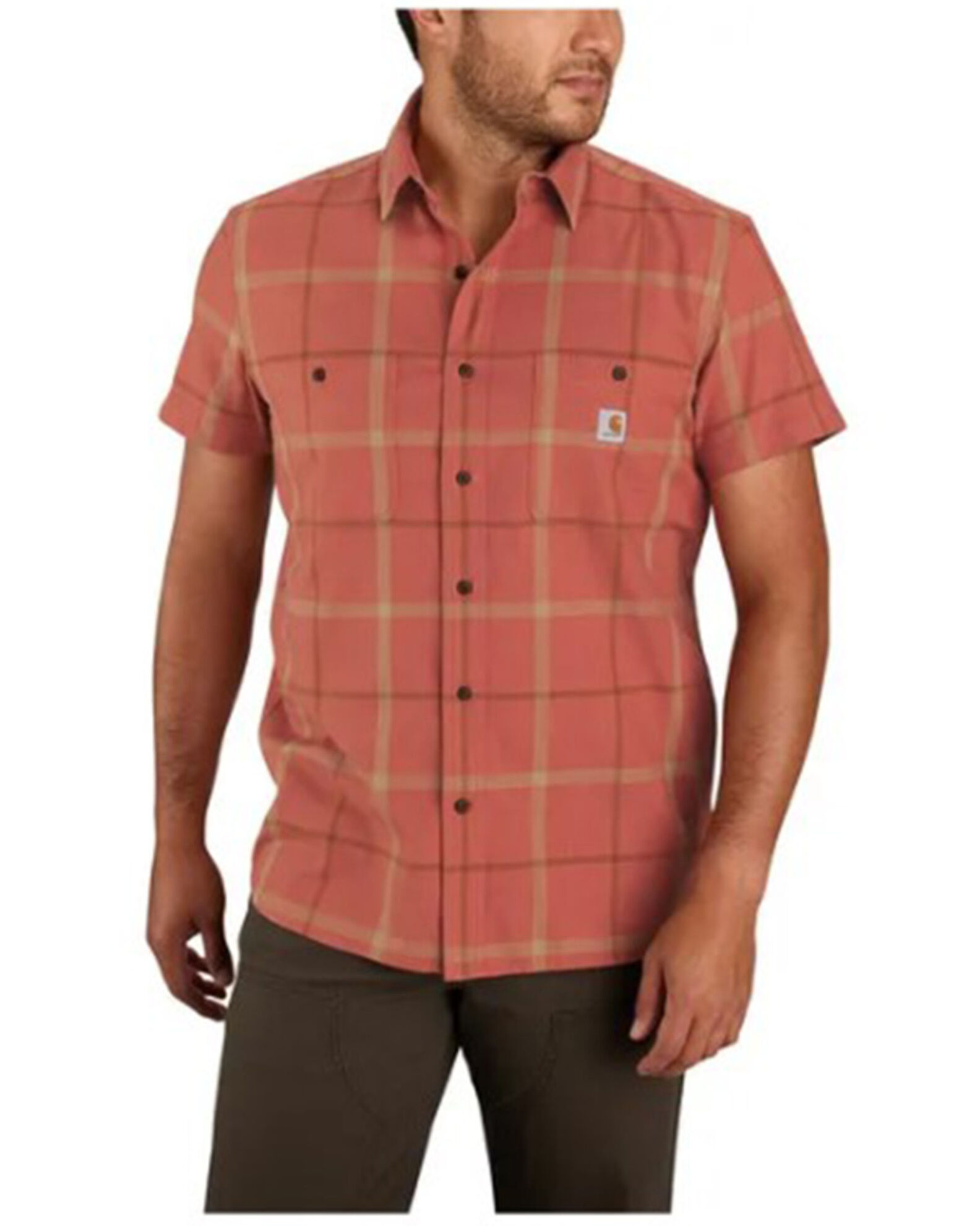 Image #1 - Carhartt Men's Relaxed Fit Lightweight Short Sleeve Button-Down Plaid Work Shirt, Dark Orange, hi-res