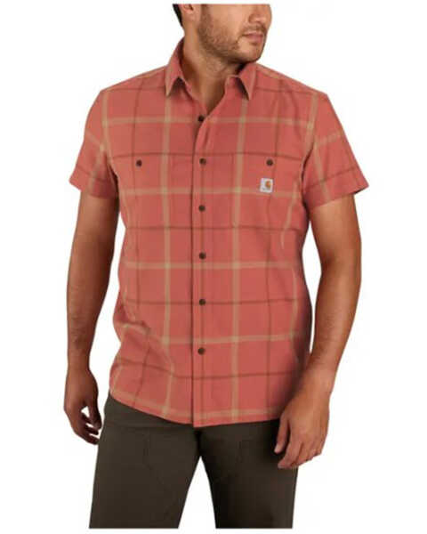 Carhartt Men's Relaxed Fit Lightweight Short Sleeve Button-Down Plaid Work Shirt, Dark Orange, hi-res