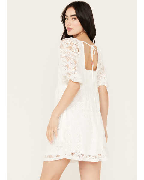 En Creme Women's Allover Crochet Short Sleeve Mini Dress, White, hi-res