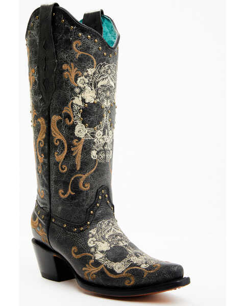 Image #1 - Corral Women's Floral Skull Embroidery & Studs Western Boots - Snip Toe, Black, hi-res