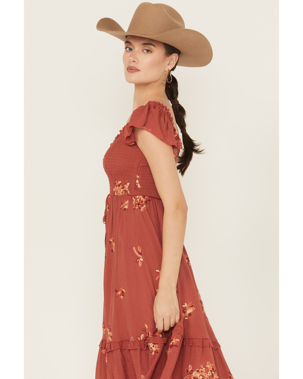 Image #2 - Wild Moss Women's Floral Embroidered Short Sleeve Midi Dress, Rust Copper, hi-res