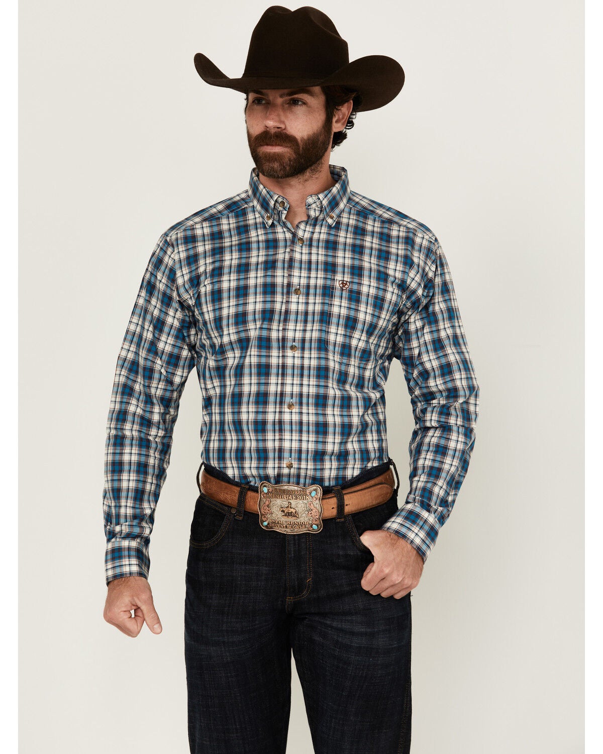 Ariat Men's Parrin Plaid Print Long Sleeve Button-Down Western Shirt, Teal