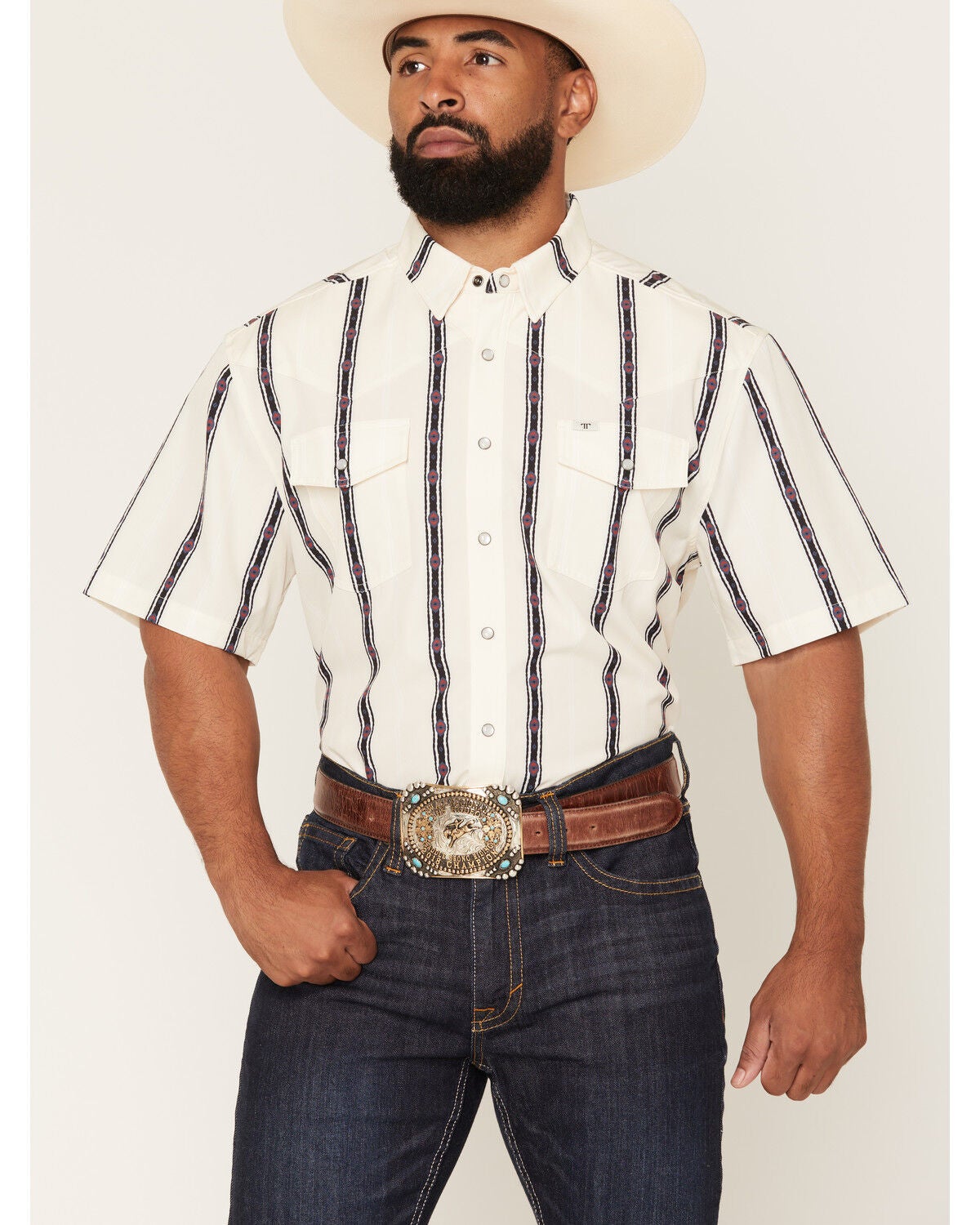 Image #1 - Ferrell Men's Tek Outlaw Southwestern Striped Print Short Sleeve Snap Performance Western Shirt, White, hi-res