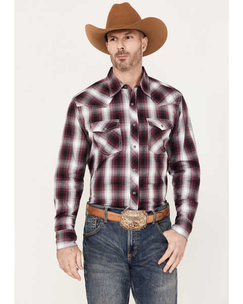 Image #1 - Wrangler 20X Men's Advanced Comfort Plaid Print Long Sleeve Snap Western Shirt, Burgundy, hi-res