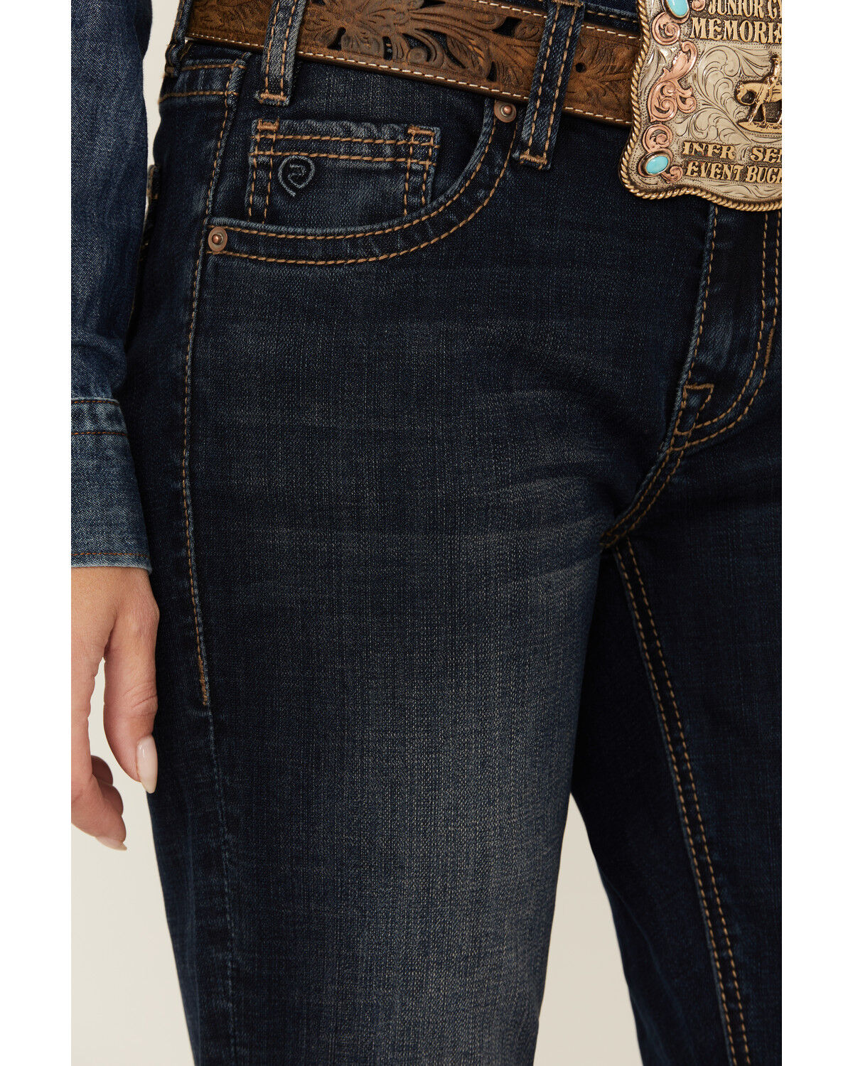 Image #4 - Rock & Roll Denim Women's Dark Wash Mid Rise Embroidered Riding Stretch Denim Jeans, Dark Wash, hi-res