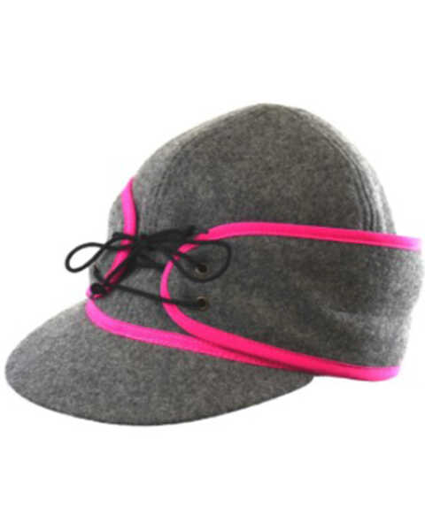 Image #1 - Crown Cap Women's Wool Railroad Ponytail Work Hat , Pink, hi-res