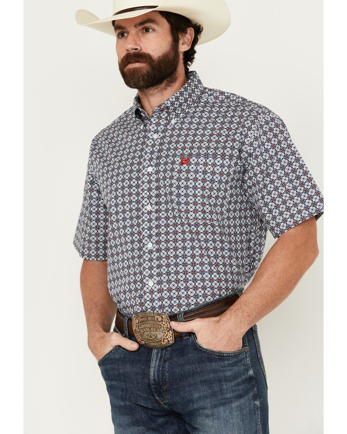 Image #1 - Cinch Men's Boot Barn Exclusive Medallion Print Short Sleeve Button-Down Western Shirt, White, hi-res
