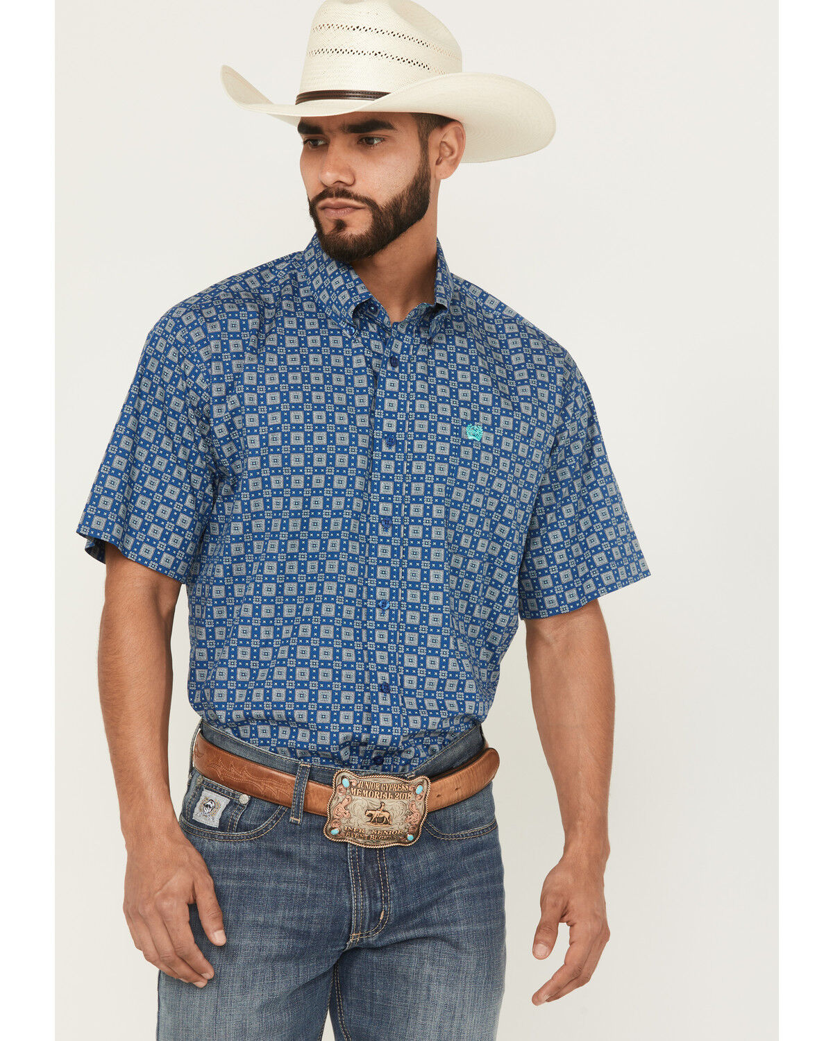 Image #1 - Cinch Men's Geo Print Short Sleeve Button-Down Western Shirt, Blue, hi-res