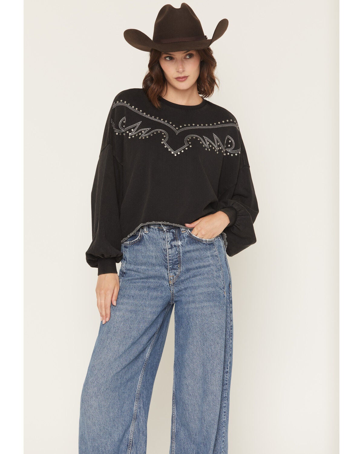 Rock & Roll Denim Women's Embroidered Bootstitch Crewneck, Black, hi-res