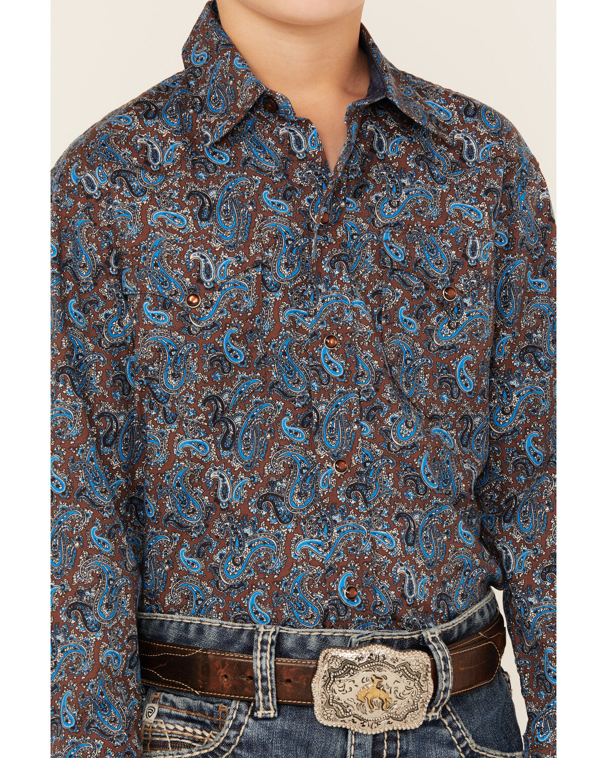 Image #3 - Roper Boys' Paisley Print Long Sleeve Pearl Snap Western Shirt, Blue, hi-res