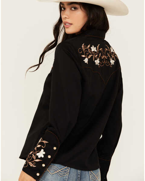 Image #4 - Scully Women's Floral Embroidered Long Sleeve Pearl Snap Western Shirt , Black, hi-res