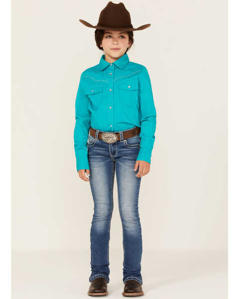 Shyanne Girls' Rhinestone Long Sleeve Western Button Down Shirt, Turquoise