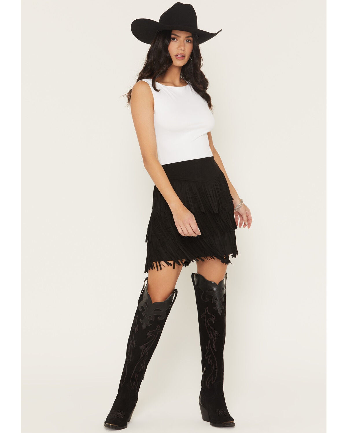 Fornia Women's Faux Suede Fringe Mini Skirt, Black, hi-res