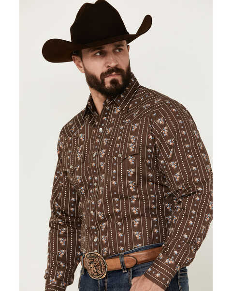 Image #2 - Ely Walker Men's Floral Striped Long Sleeve Pearl Snap Western Shirt , Brown, hi-res