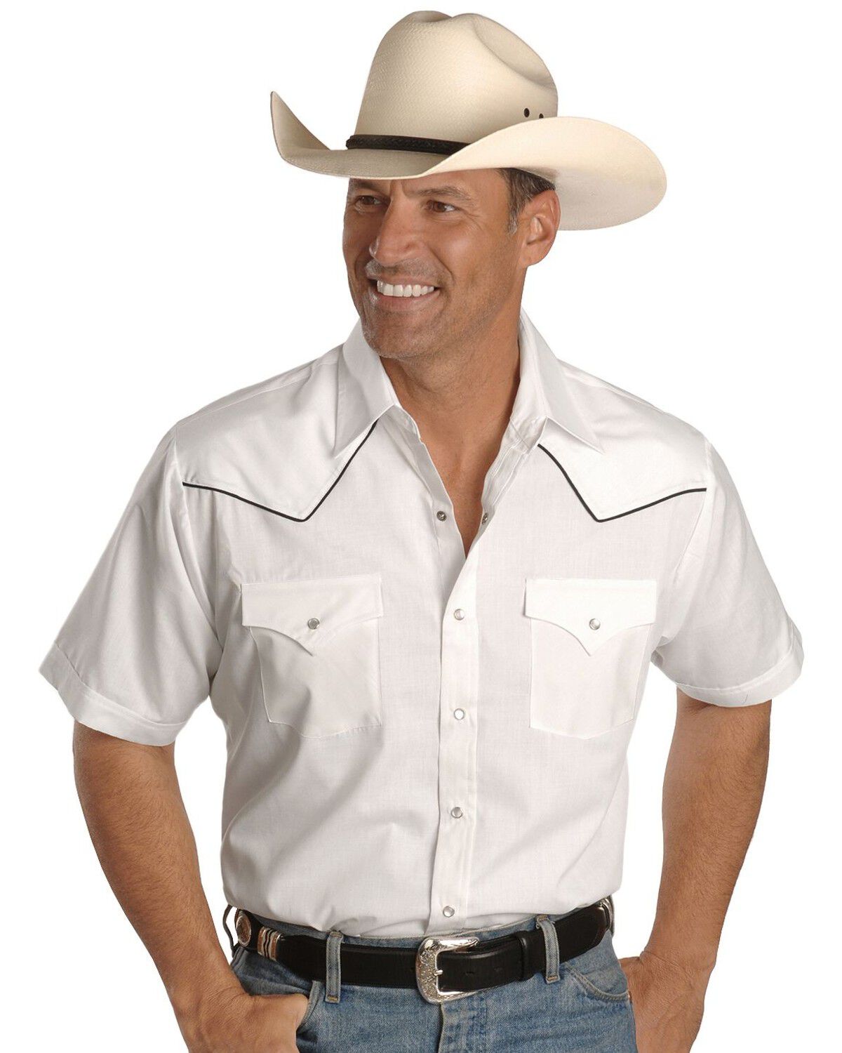 Image #1 - Ely Short Sleeve White Western Shirt, White, hi-res
