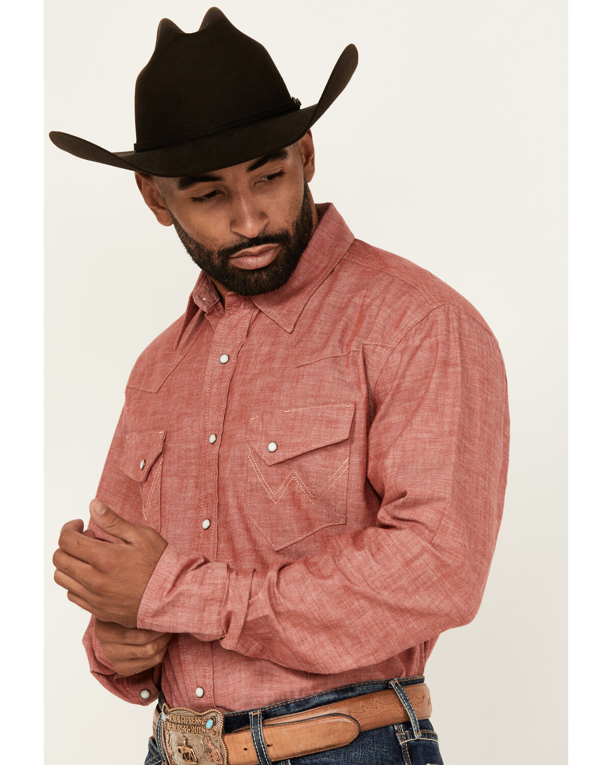 Image #2 - Wrangler Men's Vintage Chambray Solid Long Sleeve Snap Western Shirt, Red, hi-res
