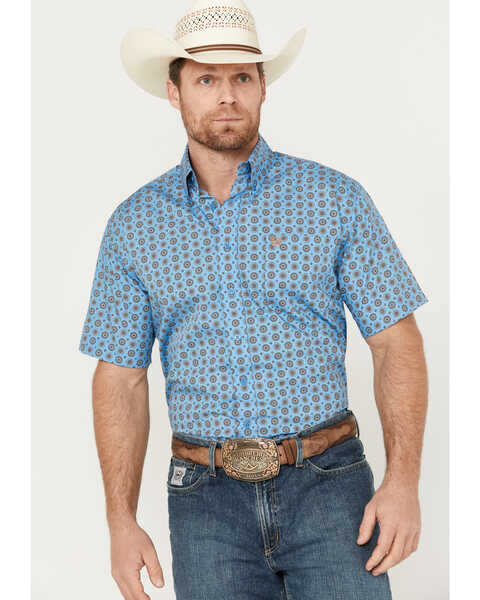 Cinch Men's Geo Print Short Sleeve Button Down Western Shirt, Blue, hi-res