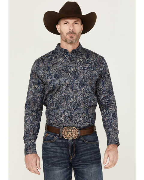 Image #1 - Cody James Men's Neverland Paisley Print Long Sleeve Button-Down Stretch Western Shirt, Light Blue, hi-res