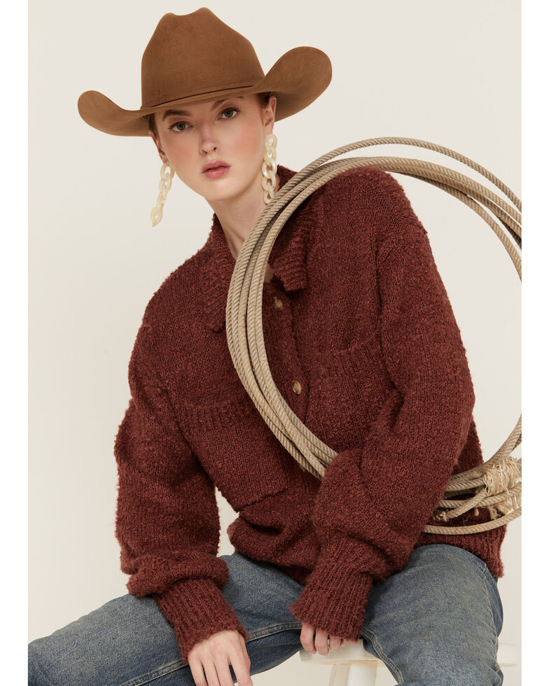 Very J Women's Open Front Button Down Knit Shacket, Rust Copper, hi-res