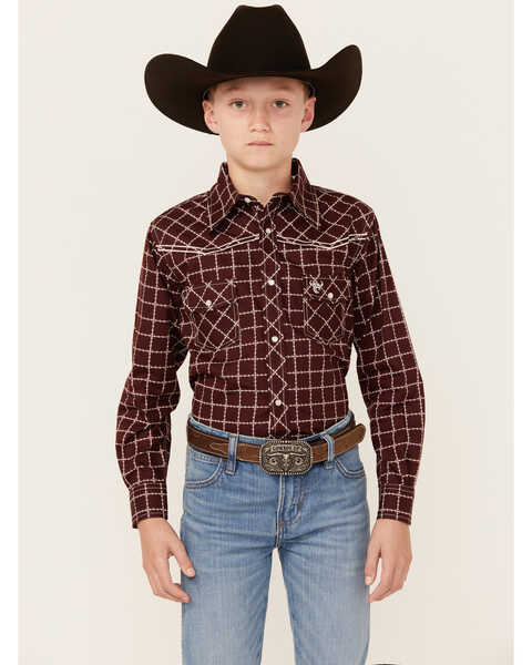 Image #1 - Cowboy Hardware Boys' Barbed Wire Long Sleeve Snap Western Shirt , Rust Copper, hi-res