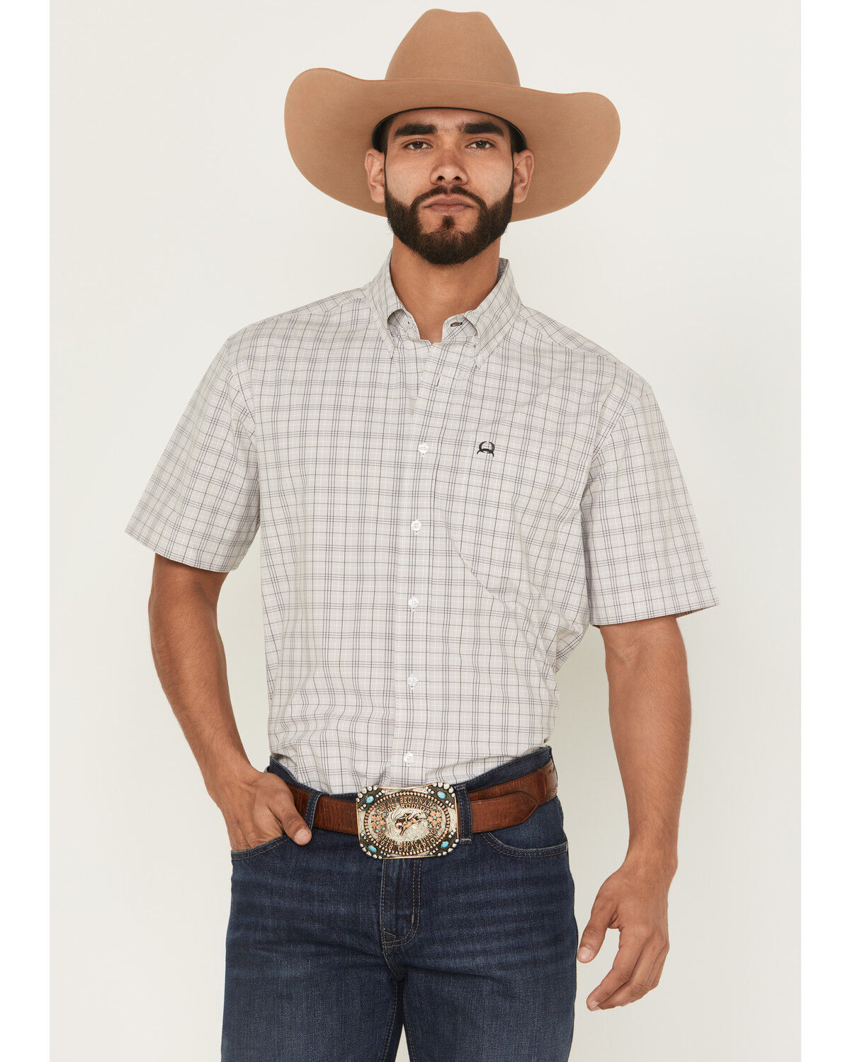 Image #1 - Cinch Men's Plaid Print Short Sleeve Button-Down Performance Stretch Western Shirt, White, hi-res