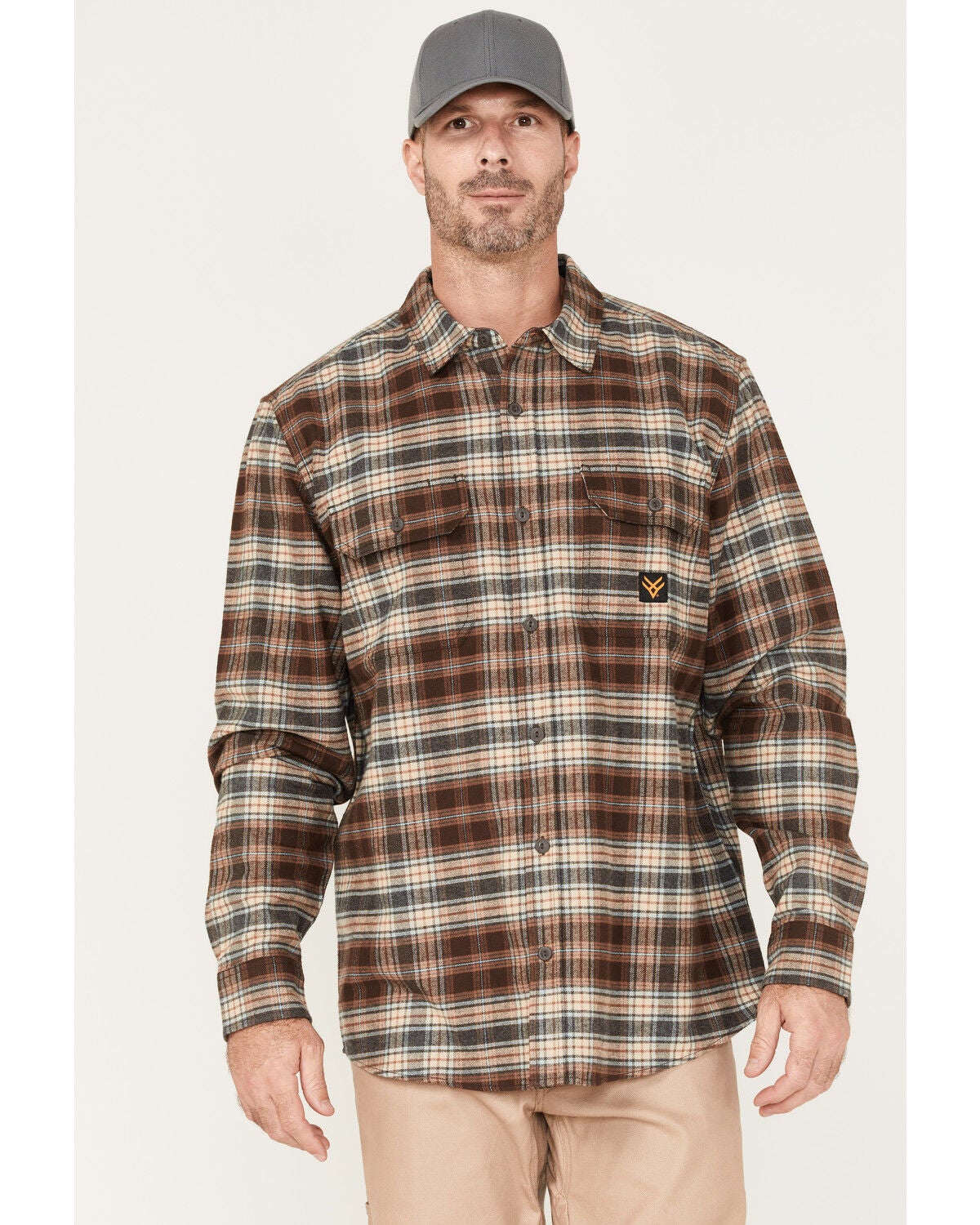 Hawx Men's Plaid Button-Down Flannel Work Shirt, Brown, hi-res