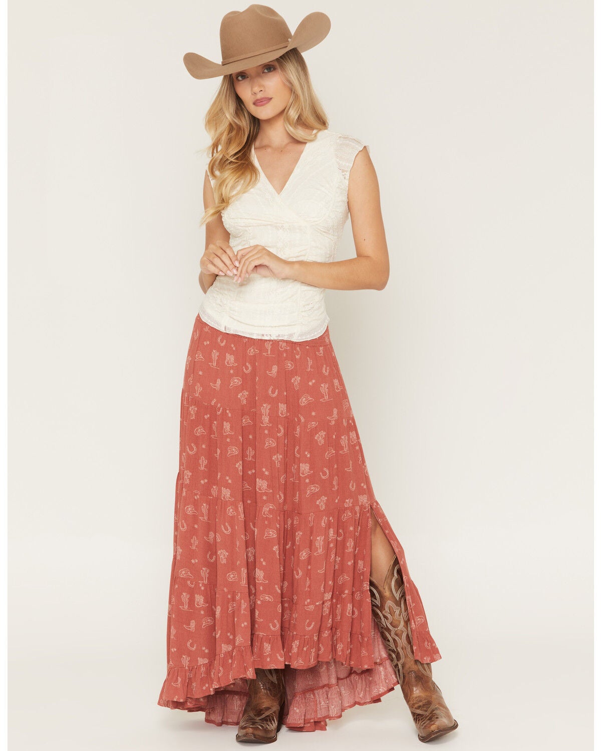 Wild Moss Women's Western Conversation Print High-Low Skirt, Rust Copper, hi-res