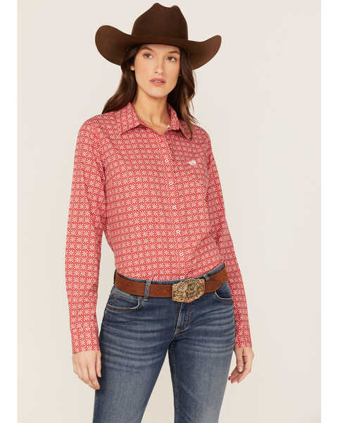 Image #1 - Cinch Women's Geo Print Long Sleeve Button-Down Stretch ARENAFLEX Shirt, Red, hi-res