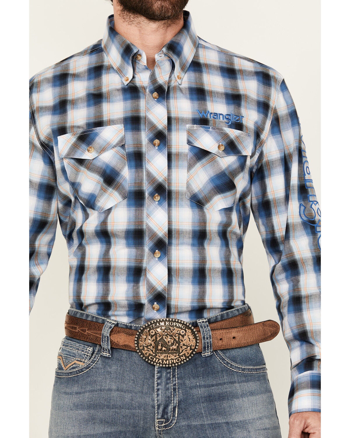 Image #3 - Wrangler Men's Logo Plaid Print Long Sleeve Button-Down Western Shirt, Blue, hi-res