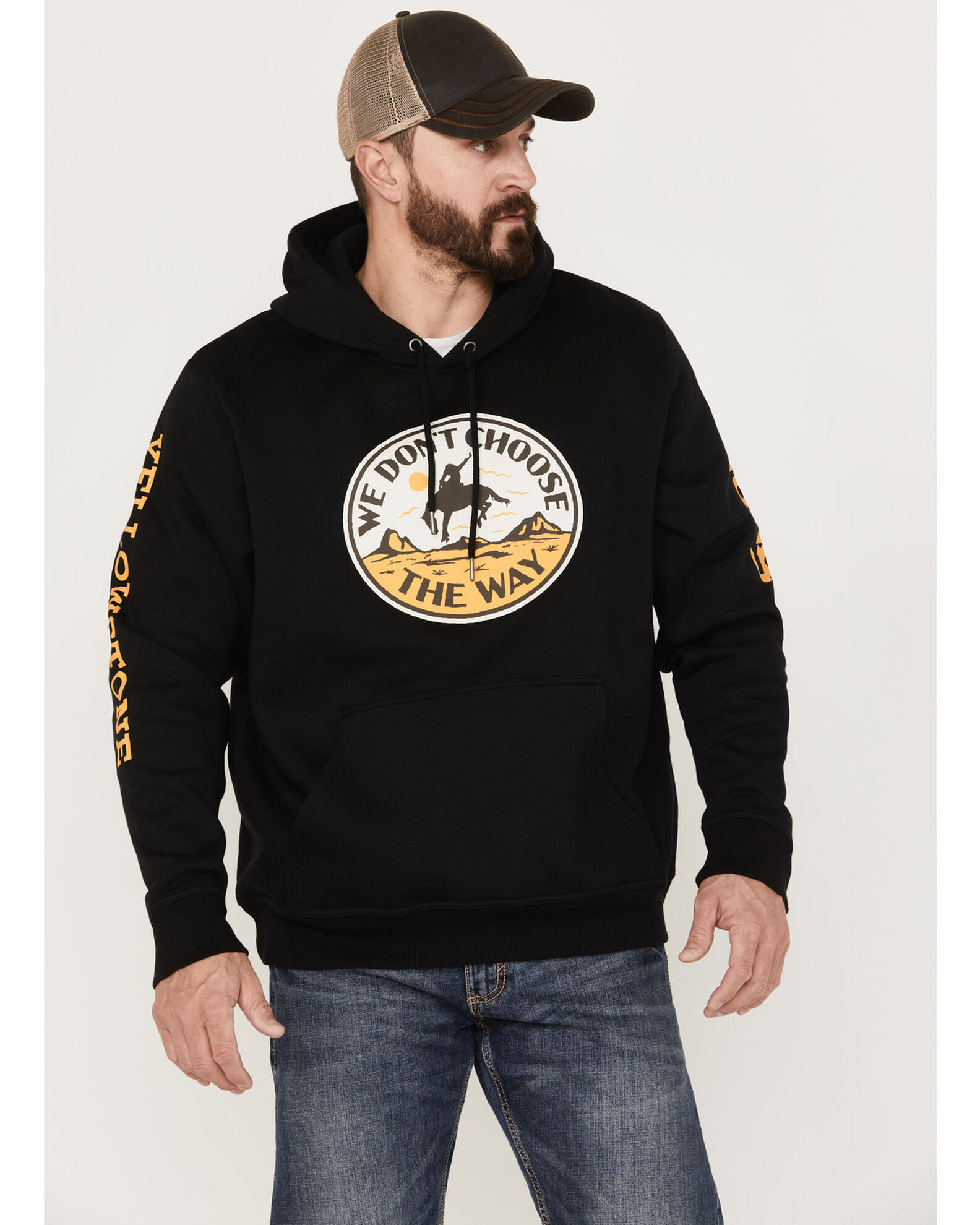 Wrangler Men's Yellowstone We Don't Choose Way Logo Sleeve Graphic Hooded  Sweatshirt | Sheplers