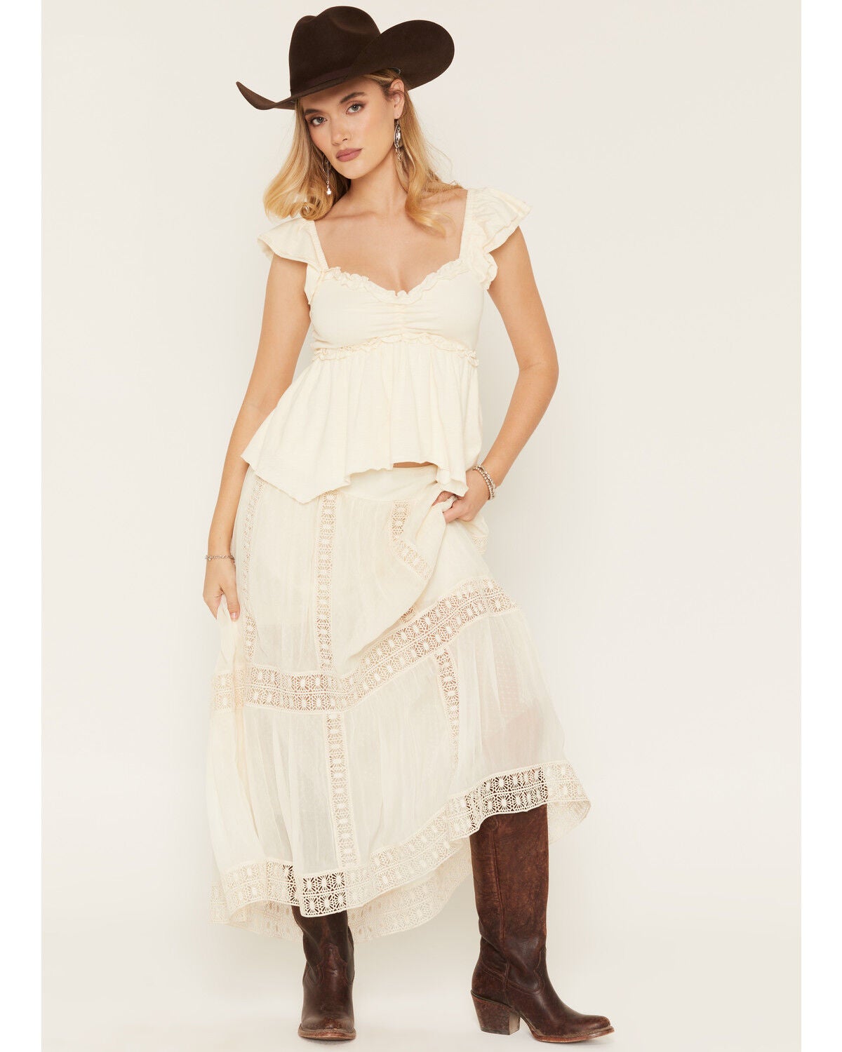 Image #3 - Shyanne Women's Lace Trim Midi Skirt, Cream, hi-res
