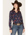 Image #1 - Ariat Women's Kirby Horseshoe Rose Print Long Sleeve Shirt, Navy, hi-res