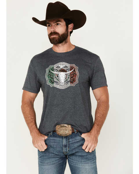 Image #1 - Cowboy Hardware Men's Mexico Flag Buckle Short Sleeve T-Shirt, Charcoal, hi-res