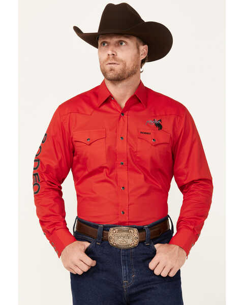 Image #2 - Rodeo Clothing Men's Horseshoe Embroidered Long Sleeve Snap Western Shirt, Red, hi-res