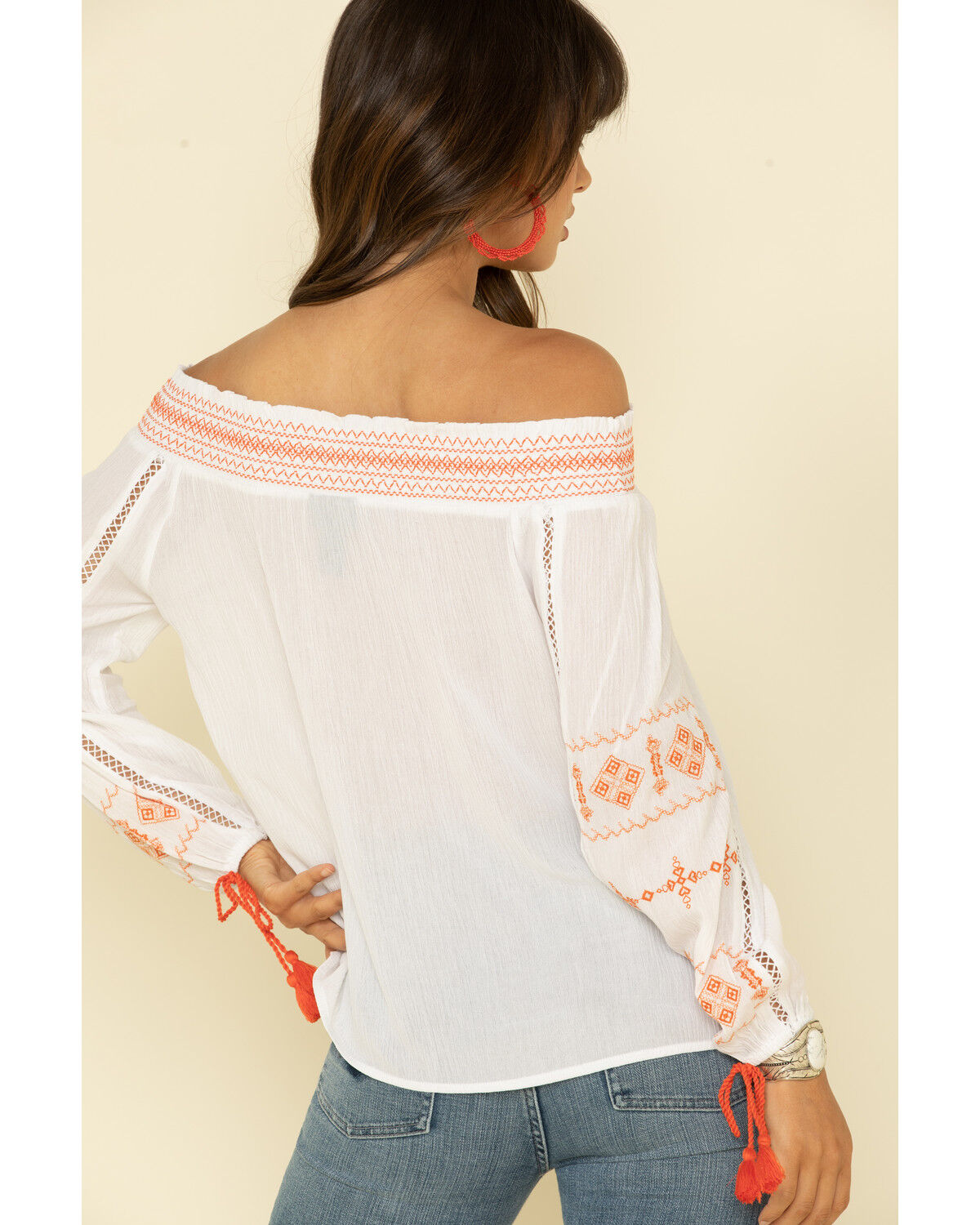 Image #5 - Wrangler Women's Embroidered Tassel Off Shoulder Top, Ivory, hi-res