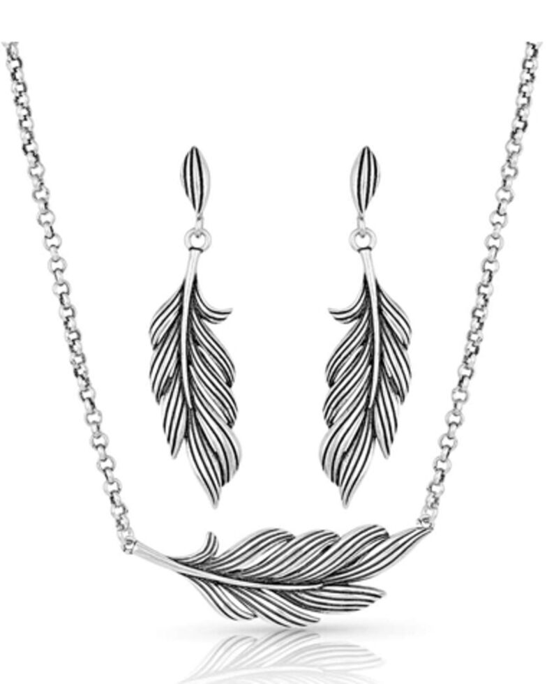 Montana Silversmiths Women's Frayed Singleton Feather Jewelry Set, Silver, hi-res