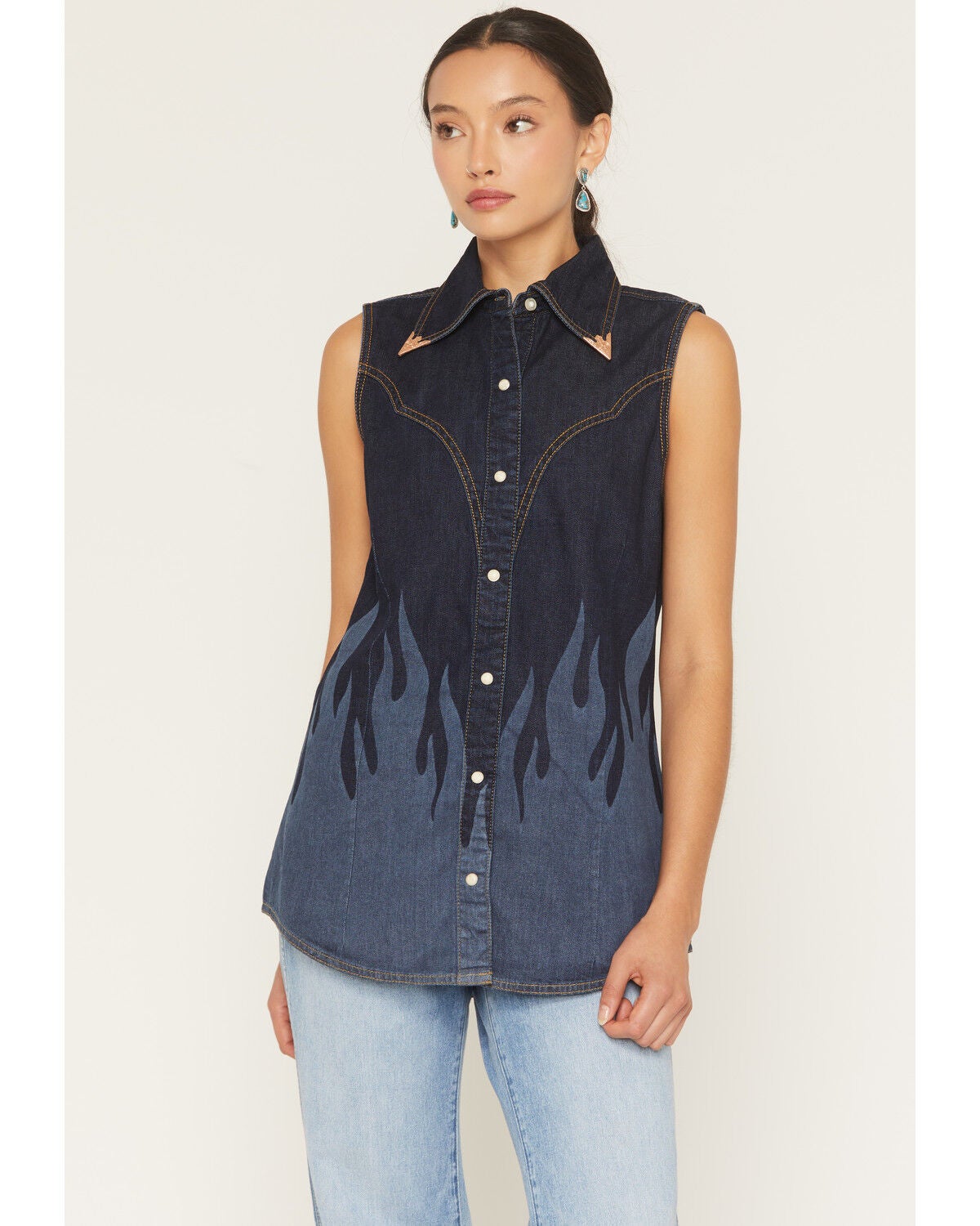 Wrangler X Lainey Wilson Women's Dark Wash Flame Denim Sleeveless Snap Western Shirt, Dark Wash, hi-res