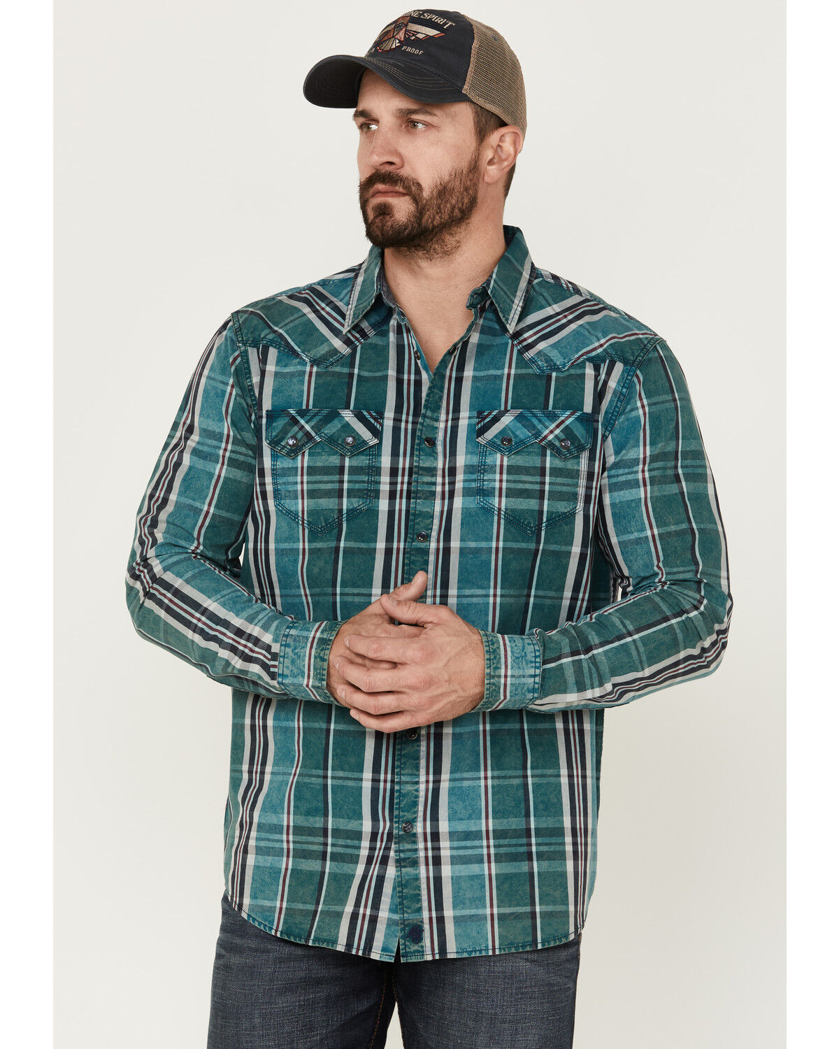Image #1 - Moonshine Spirit Men's Marble Crackle Plaid Long Sleeve Snap Western Shirt, Navy, hi-res
