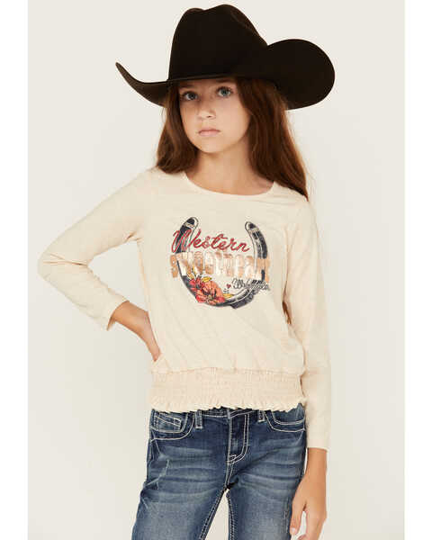 Wrangler Girls' Western Sweetheart Long Sleeve Graphic Top, Oatmeal, hi-res