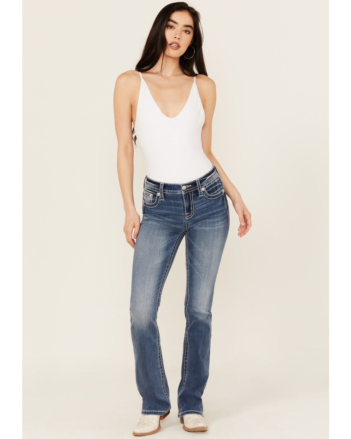 Image #3 - Miss Me Women's Medium Wash Mid Rise Wing Pocket Bootcut Stretch Denim Jeans, Medium Wash, hi-res
