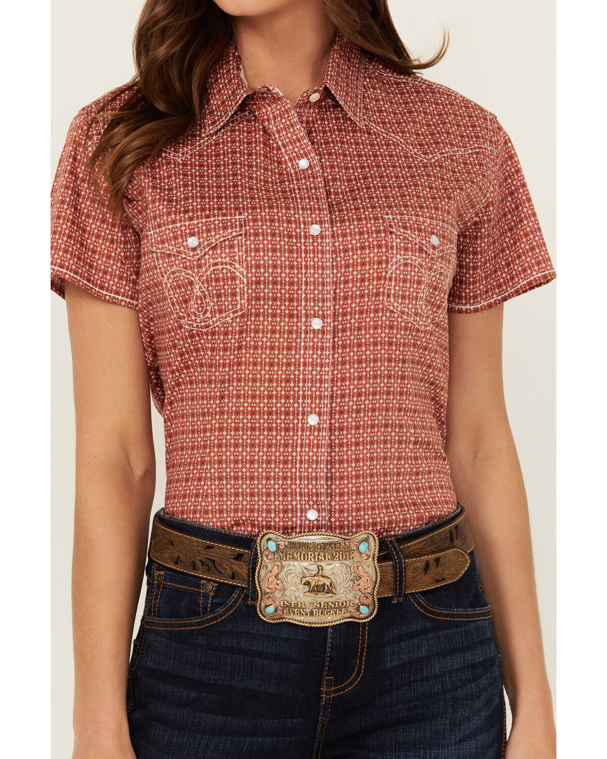 Image #3 - Rough Stock by Panhandle Women's Micro Geo Print Short Sleeve Pearl Snap Stretch Western Shirt, Rust Copper, hi-res