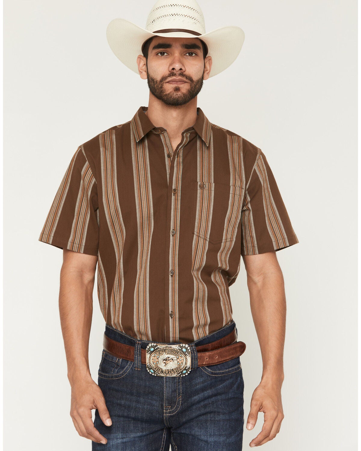 Image #1 - Cody James Silas Stripe Print Short Sleeve Button-Down Stretch Western Shirt, Brown, hi-res