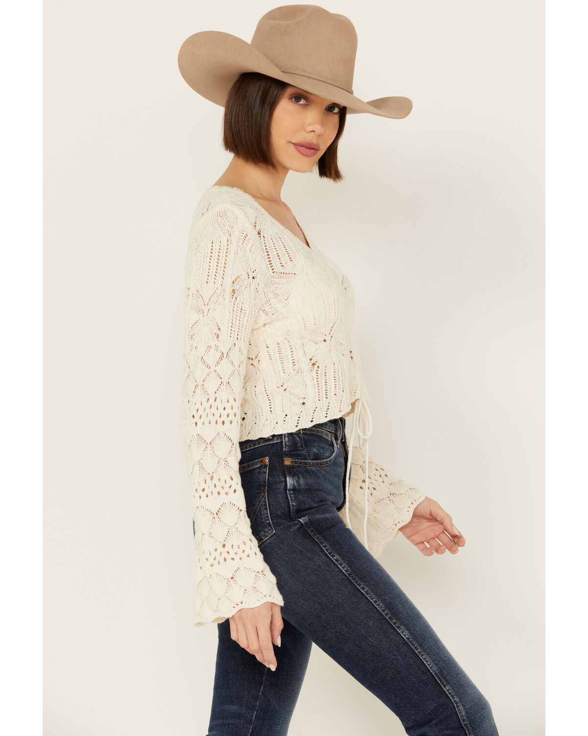 Image #2 - Shyanne Women's Bell Sleeve Cropped Crochet Sweater, Cream, hi-res