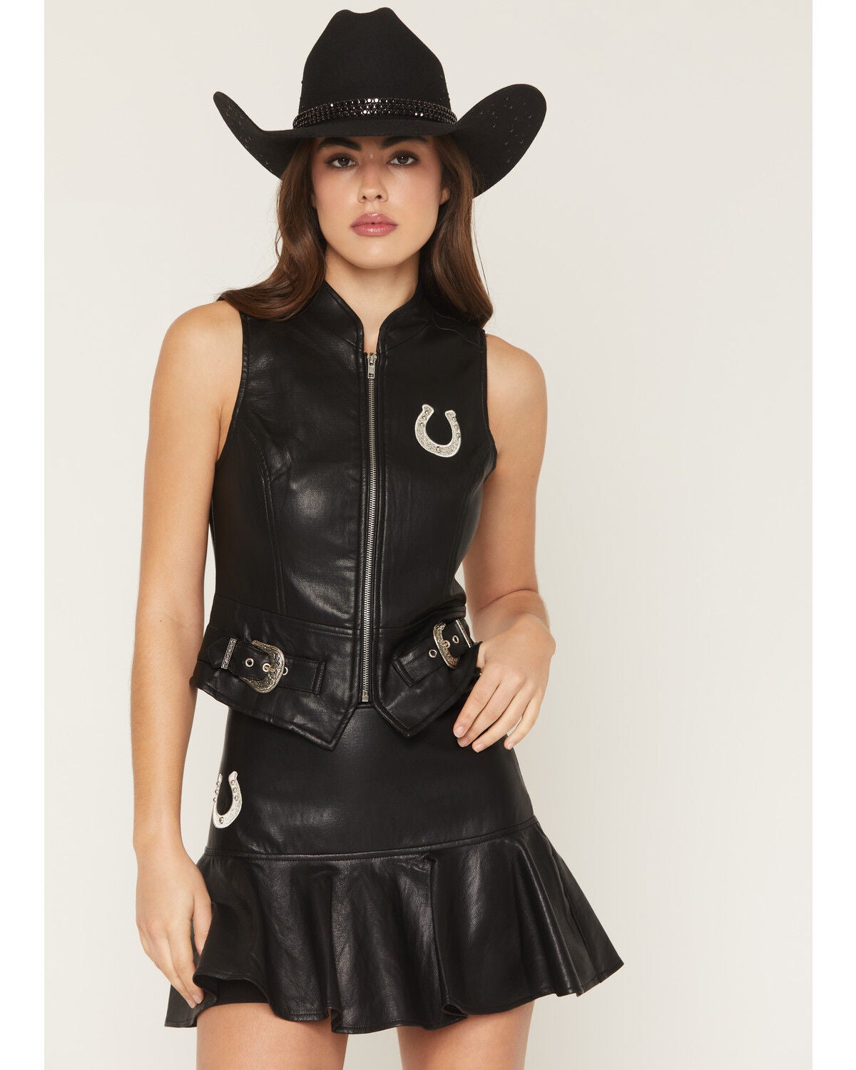 Image #2 - Blue B Women's Faux Leather Horseshoe Studded Buckle Vest, Black, hi-res