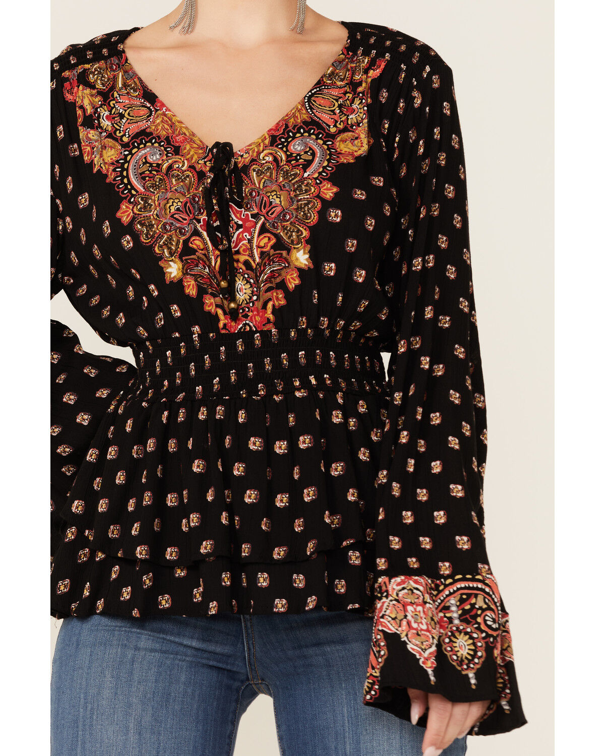 Image #2 - Angie Women's Bell Sleeve Floral Border Print Top, , hi-res