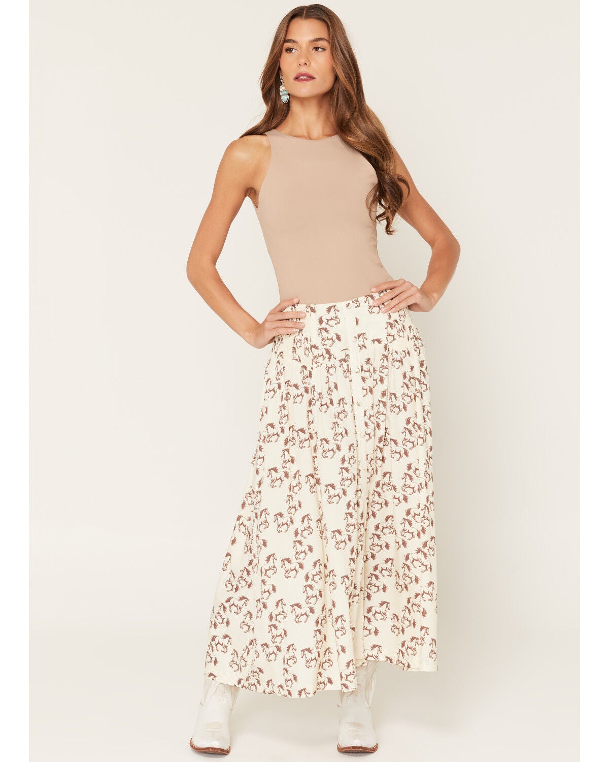 Rock & Roll Denim Women's Boot Barn Exclusive Horse Print Faux Button Midi Skirt, Natural, hi-res